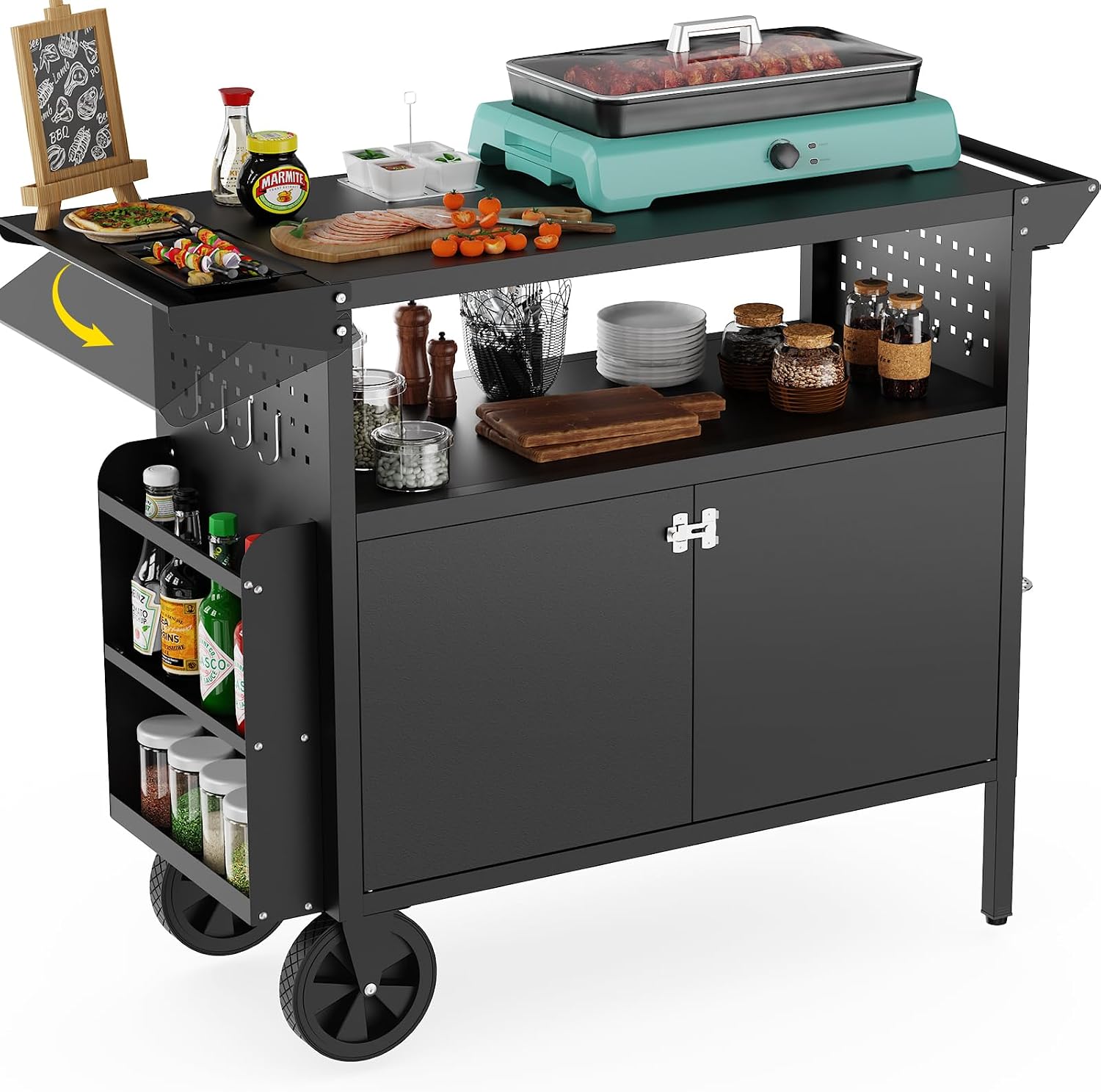 Outdoor Furniture Usa - 屋外グリルカートテーブル、収納付きキッチンアイランド、ホイール付き折りたたみ式テーブルトップ、バーベキュー用食品準備ステーション、頑丈な金属グリドルカウンタートップ、パティオやキャンプ用