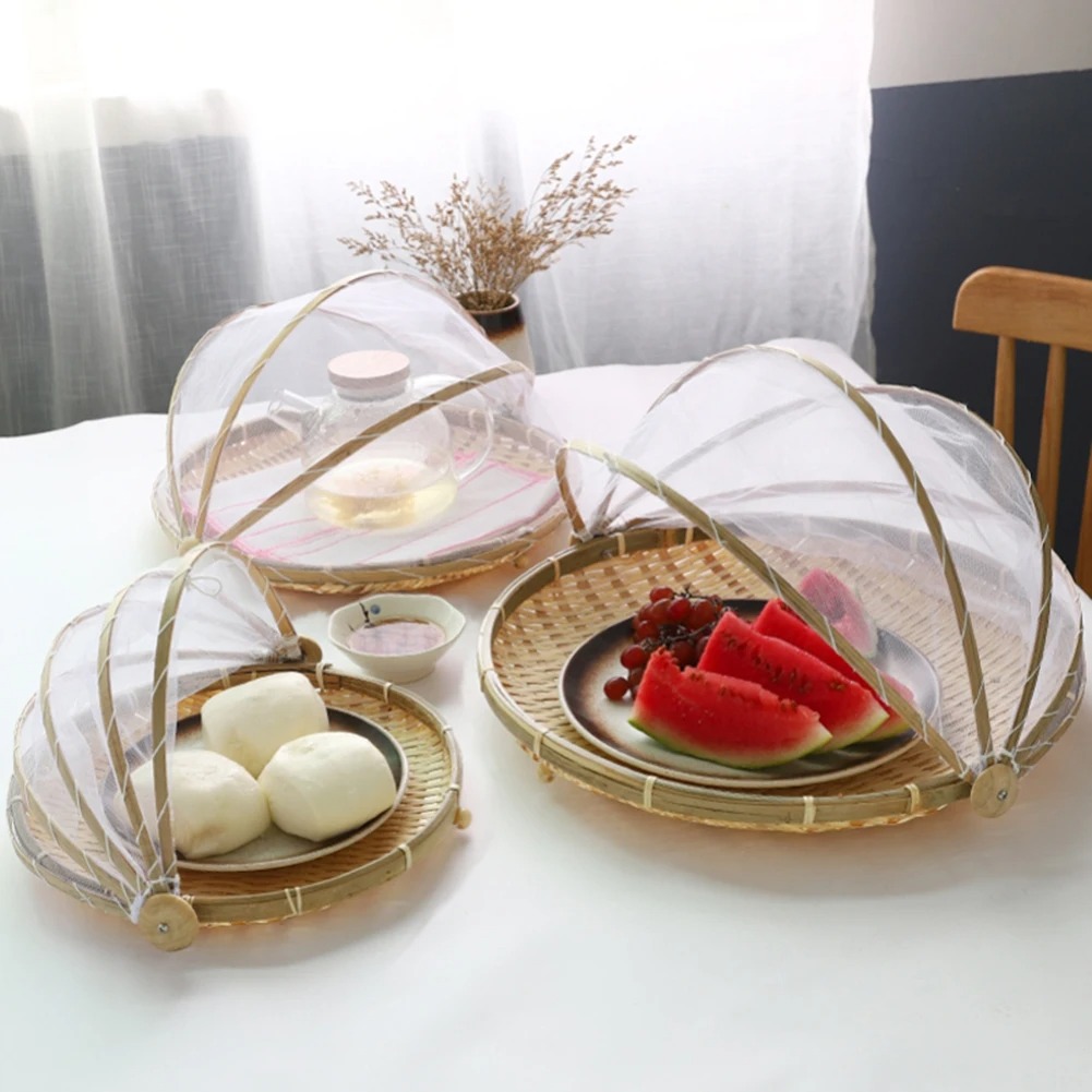 Outdoor Furniture Rattan - 竹編みバスケット防蚊帳果物野菜バスケットちりとりテントバスケットトレイポータブル屋外ピクニックメッシュネットカバー