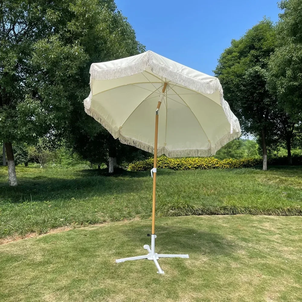 Outdoor Furniture On Sale - 屋外ビーチフリンジ傘（ベース付き）ヴィンテージボヘミアン日よけパラソル ガーデンプールビーチボタンチルトサンシェード セール中