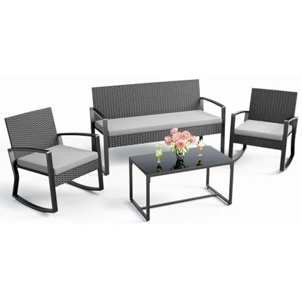 Outdoor Furniture On Sale - 4ピース屋外パティオ家具セット、ガラス製コーヒーテーブル付き籐製パティオ家具、ロッキング籐製ビストロセット、裏庭用