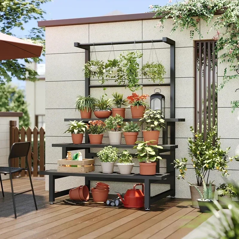 Outdoor Furniture On Sale - 多層式ディスプレイプラントラック棚、ユニバーサル屋外用メタルスクエアプラントラック棚、高級ブラックバルコニー家具、セール中