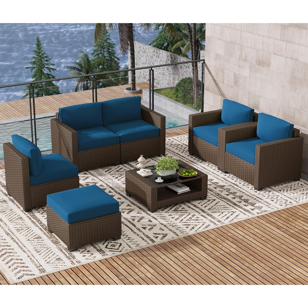 Outdoor Furniture Rattan - 7点セットの屋外パティオ家具：ラタンチェア、ガラステーブル、クッション付き籐製セクショナルソファ（ブラウン-ピーコックブルー）