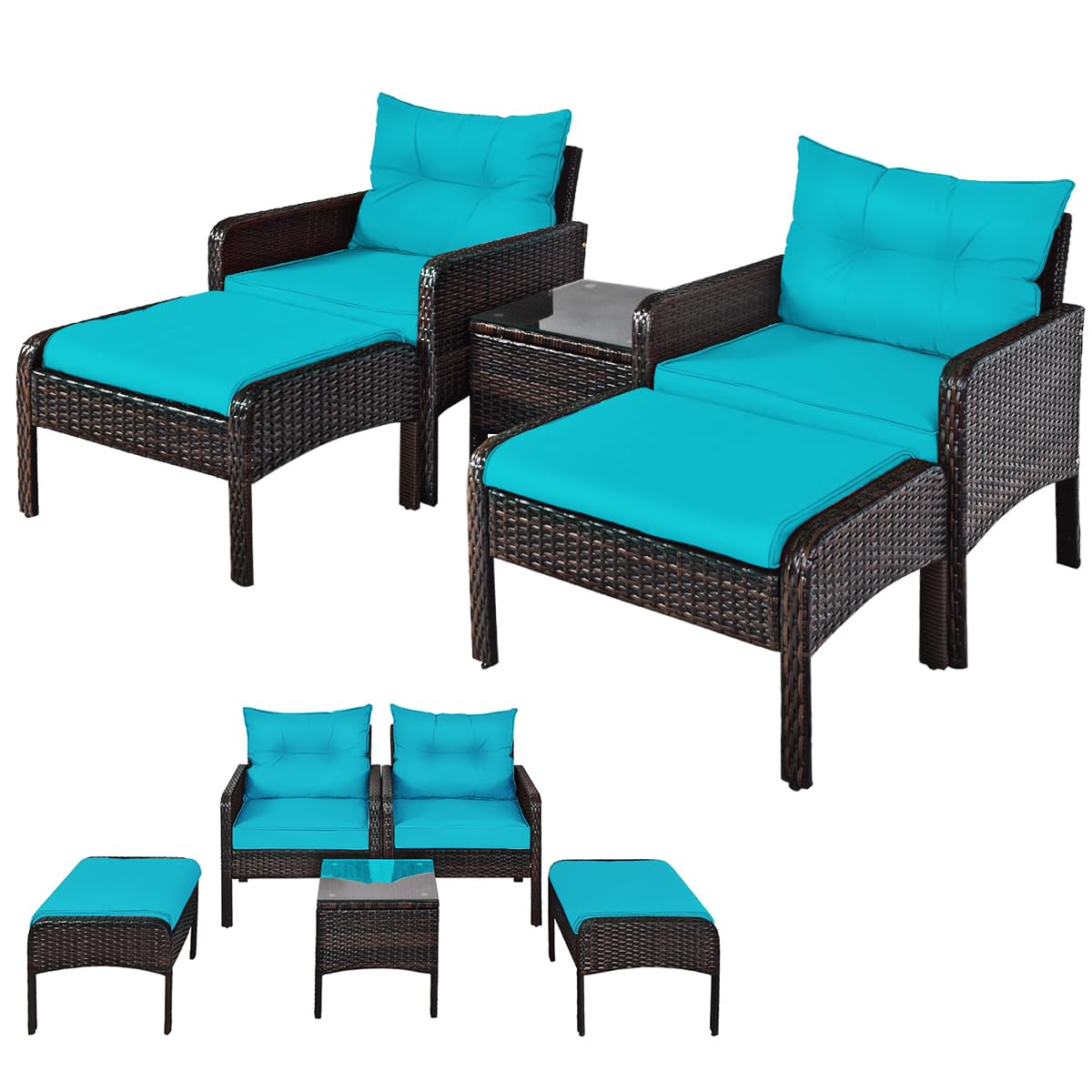 Outdoor Furniture On Sale - 5ピースラタンパティオセットクッション、ガラステーブル、オットマン、椅子、ガーデンバルコニー、カスタマイズ可能