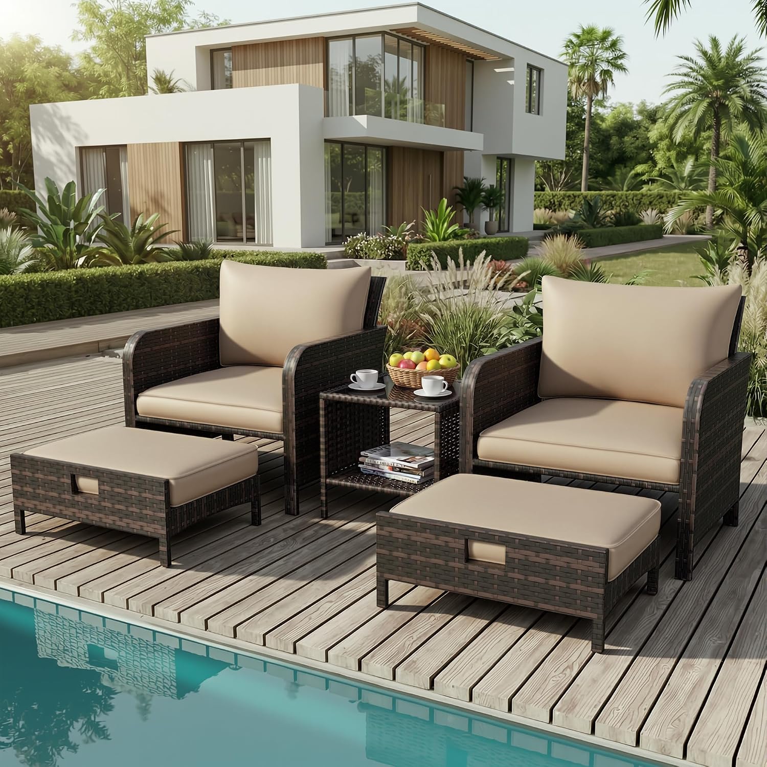 Outdoor Furniture Diy - パティオ5点会話用家具セット、厚いソフトクッション付き屋外用PEラタン製ウィッカーラウンジチェア、お揃いのオットマンと強化ガラスサイドテーブル、耐候性のある屋外用座席（ポーチ、裏庭、芝生、庭園用）、ブラウンフレームとカーキ色のクッション付き