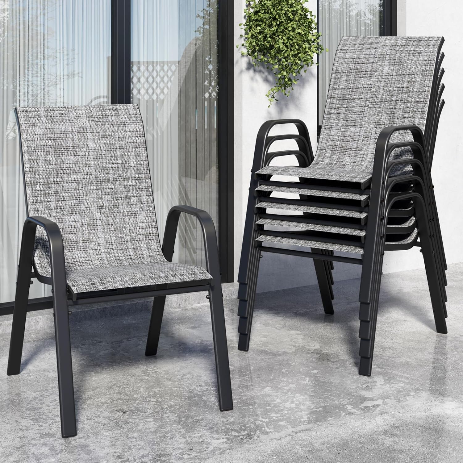Outdoor Furniture On Sale - 積み重ね可能な屋外ダイニングチェア6脚セット、全天候型テキスタイル＆メタルフレーム、パティオガーデンデッキ、カスタムメイド