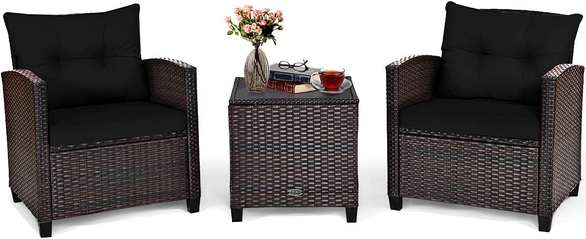 Outdoor Furniture Rattan - 3ピースパティオ家具セット、PEラタンウィッカー3ピース屋外ソファセット、洗えるクッションと強化ガラス天板付き