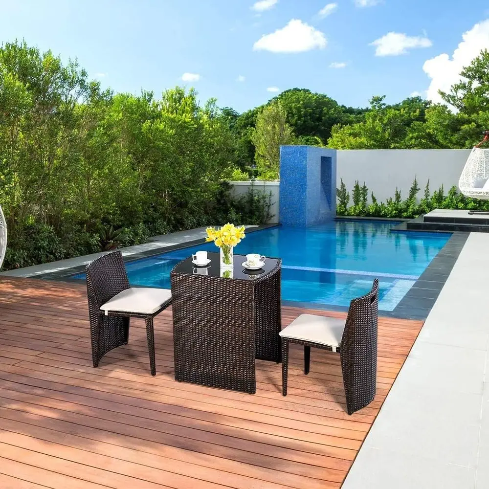 ガラス製ダイニングテーブルとクッション付きの3ピースラタン製 - Outdoor Furniture Rattan のレビューと価格