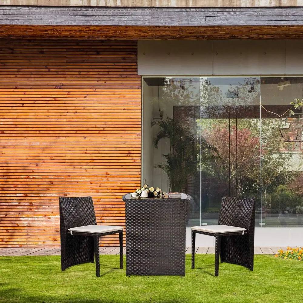 ガラス製ダイニングテーブルとクッション付きの3ピースラタン製 - Outdoor Furniture Rattan のレビューと価格