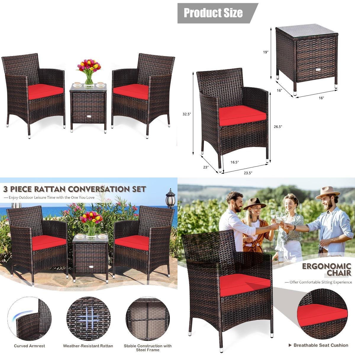 3ピース籐製パティオ家具セット（クッション付き）全天候型ラタ - Outdoor Furniture On Sale のレビューと価格