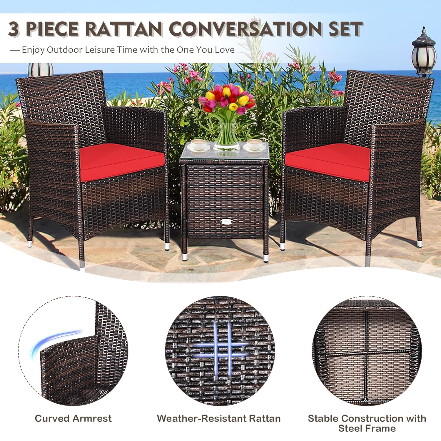 3ピース籐製パティオ家具セット（クッション付き）全天候型ラタ - Outdoor Furniture On Sale のレビューと価格