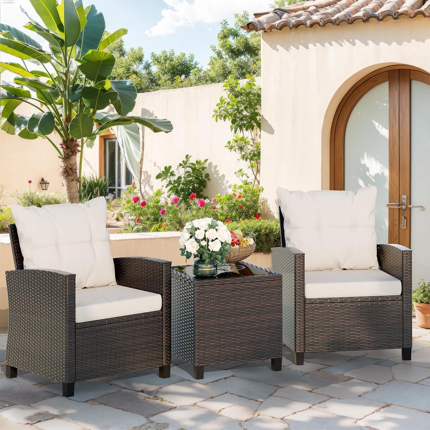ベージュのコンパクトな3ピース籐製ウィッカーフロントポーチビ - Outdoor Furniture Rattan のレビューと価格
