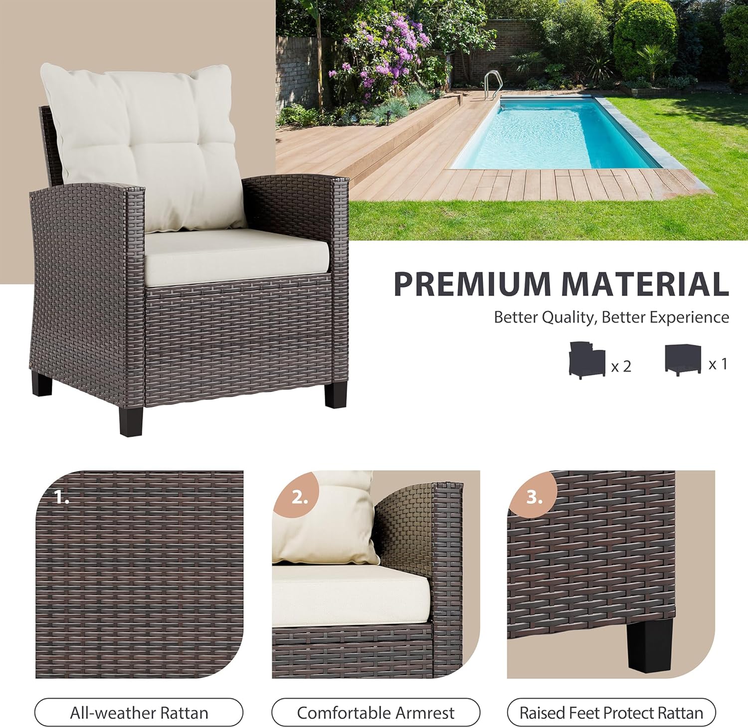 ベージュのコンパクトな3ピース籐製ウィッカーフロントポーチビ - Outdoor Furniture Rattan のレビューと価格