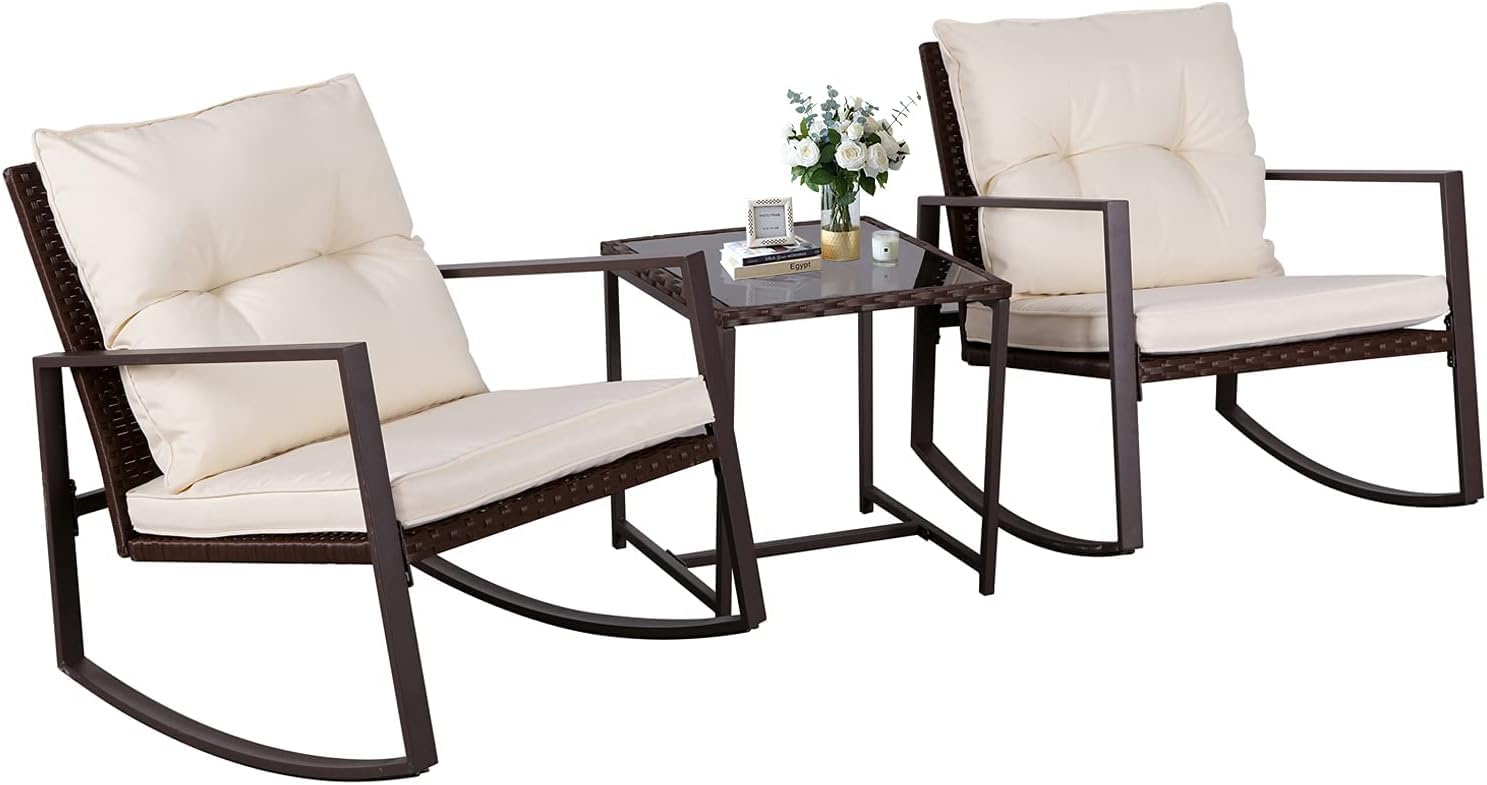 3ピースパティオビストロセット屋外ロッキングチェアセットブラ - Outdoor Furniture On Sale のレビューと価格