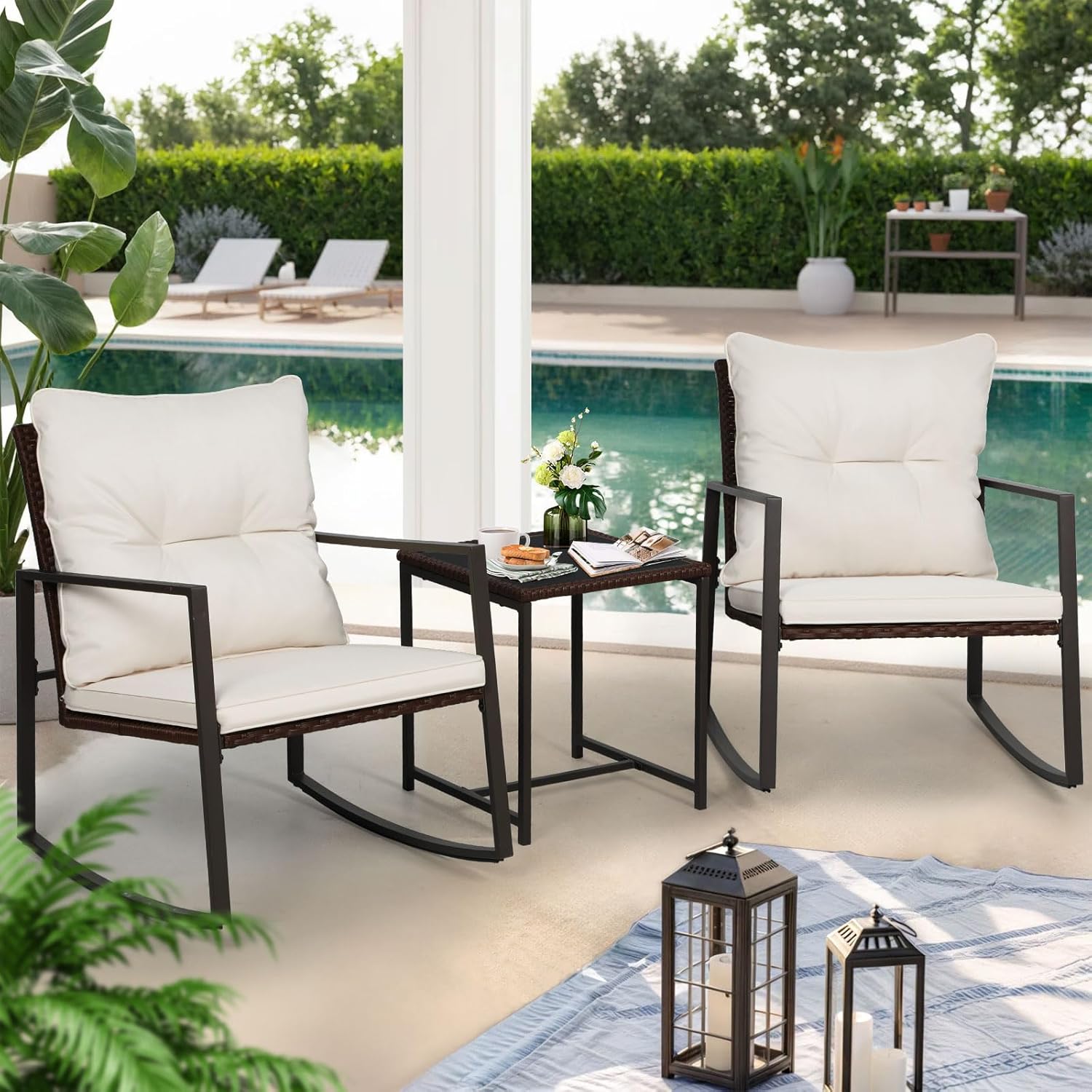 3ピースパティオビストロセット屋外ロッキングチェアセットブラ - Outdoor Furniture On Sale のレビューと価格