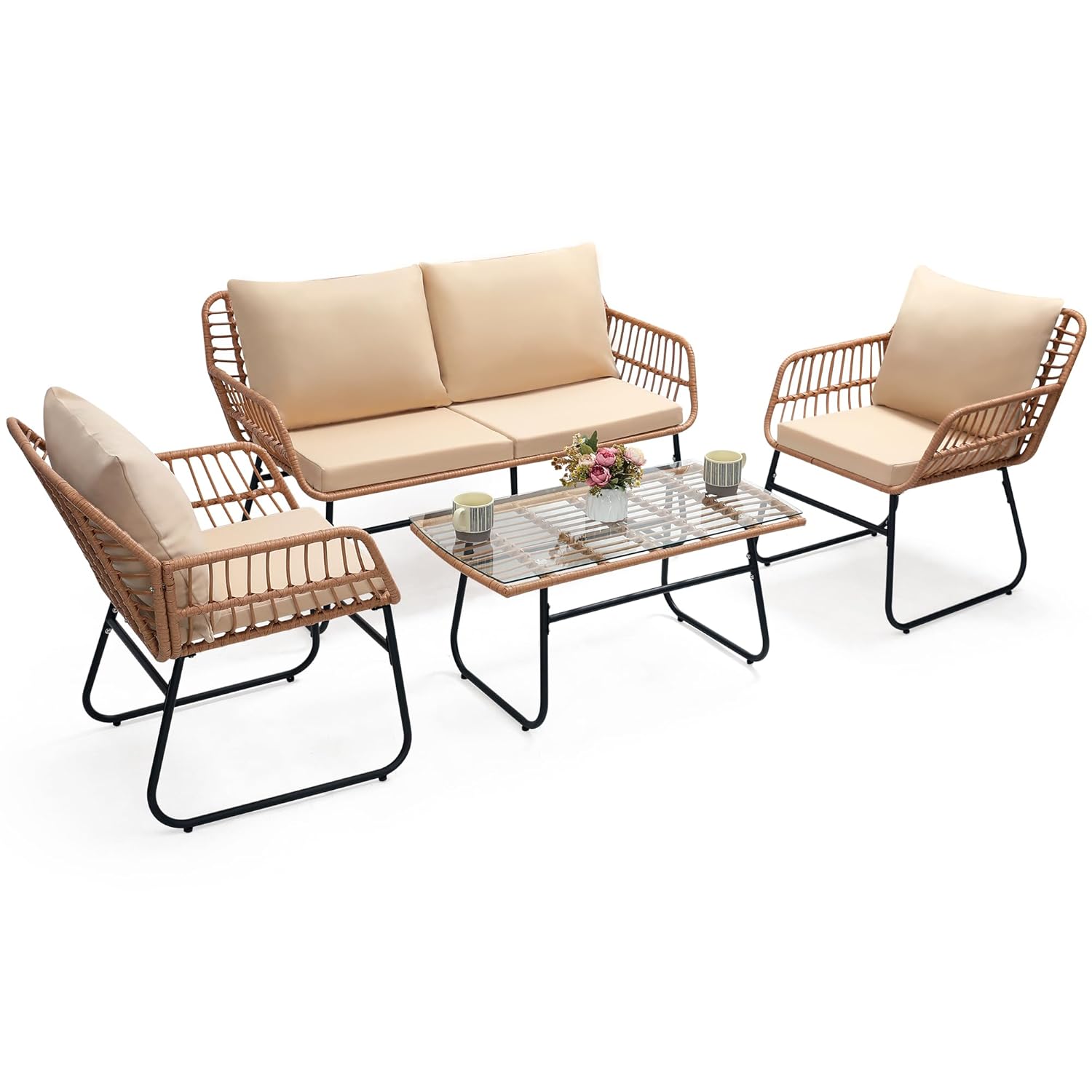 4ピースパティオビストロ屋外家具セット、籐製ソファ、籐製椅子 - Outdoor Furniture On Sale のレビューと価格