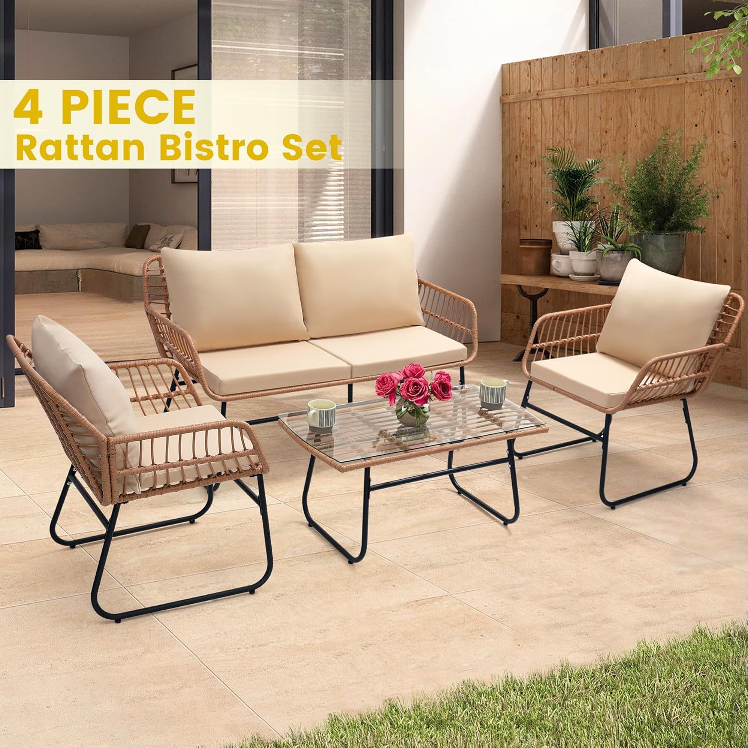 4ピースパティオビストロ屋外家具セット、籐製ソファ、籐製椅子 - Outdoor Furniture On Sale のレビューと価格
