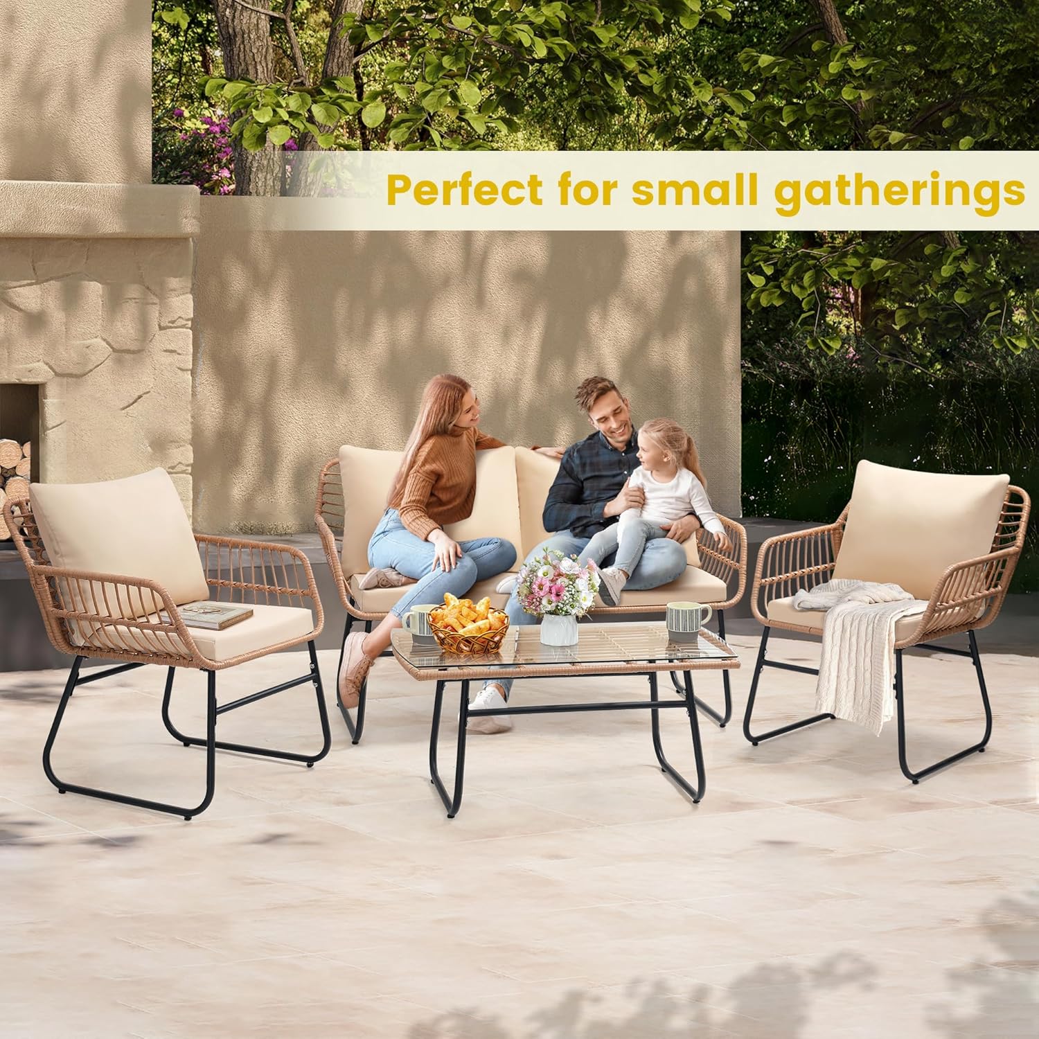 4ピースパティオビストロ屋外家具セット、籐製ソファ、籐製椅子 - Outdoor Furniture On Sale のレビューと価格