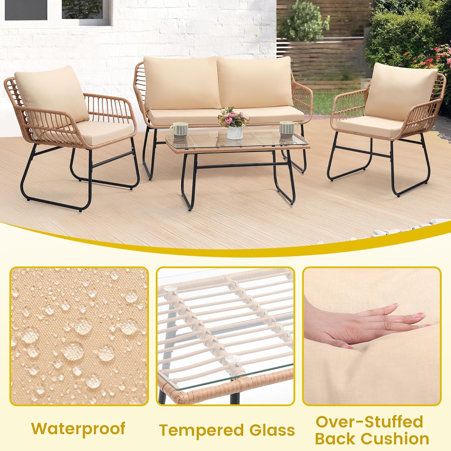 4ピースパティオビストロ屋外家具セット、籐製ソファ、籐製椅子 - Outdoor Furniture On Sale のレビューと価格