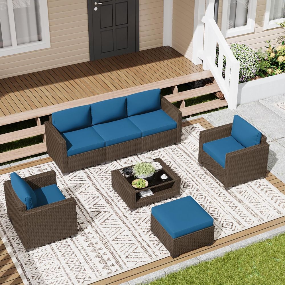 7点セットの屋外パティオ家具：ラタンチェア、ガラステーブル、 - Outdoor Furniture Rattan のレビューと価格