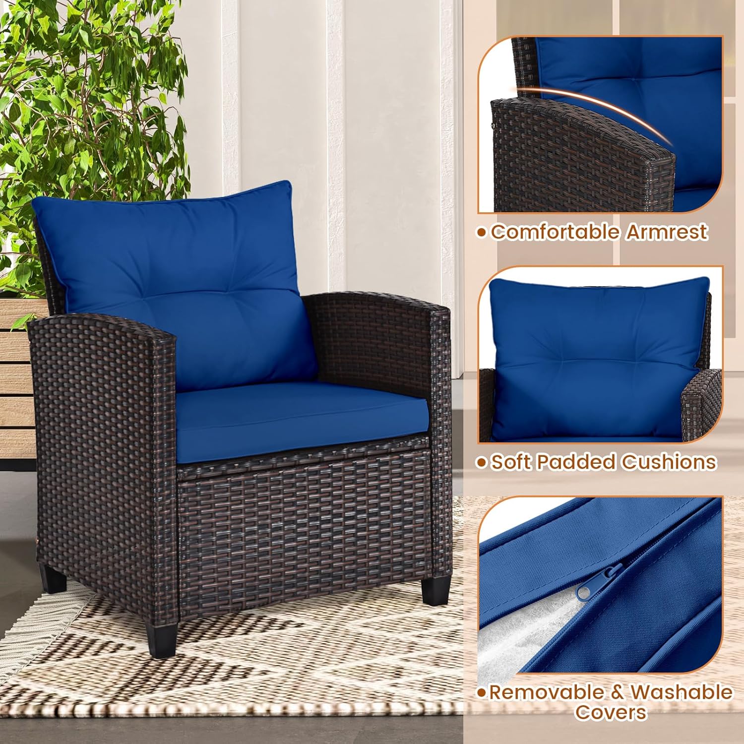 ネイビーブルーの籐製ウィッカー3ピース屋外ビストロセット、ク - Outdoor Furniture Rattan のレビューと価格