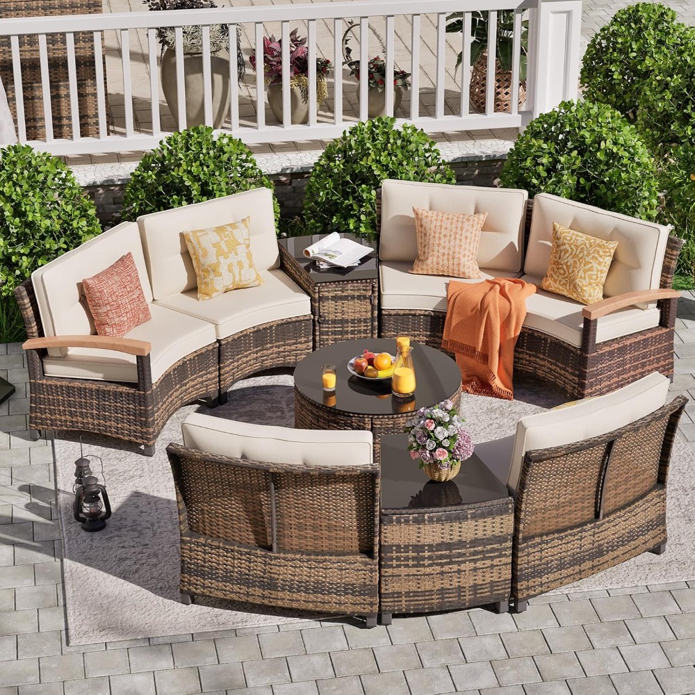 9ピース屋外パティオ家具セット、ハーフムーンカーブセクショナ - Outdoor Furniture Rattan のレビューと価格