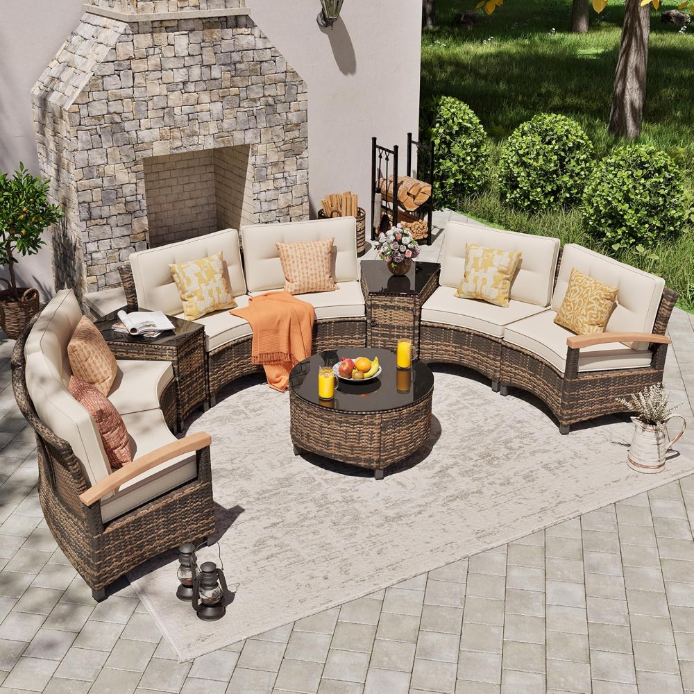 9ピース屋外パティオ家具セット、ハーフムーンカーブセクショナ - Outdoor Furniture Rattan のレビューと価格
