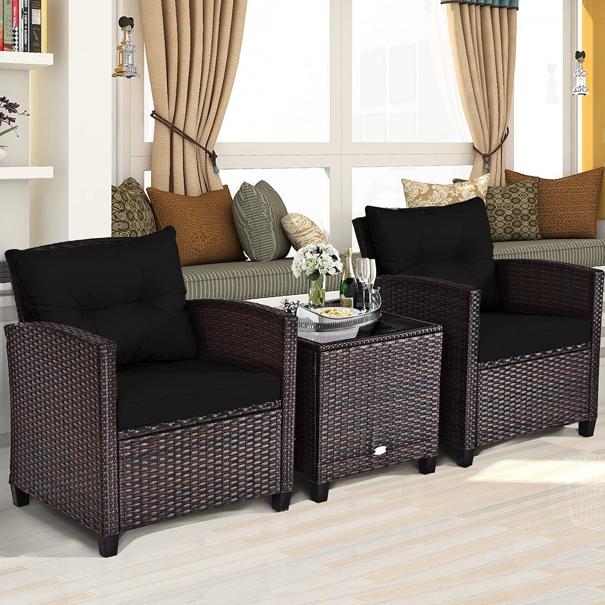 3ピースパティオ家具セット、PEラタンウィッカー3ピース屋外 - Outdoor Furniture Rattan のレビューと価格